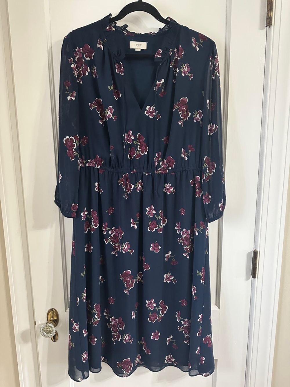 LOFT Navy Floral Tie-Neck Long Sleeve Midi Dress